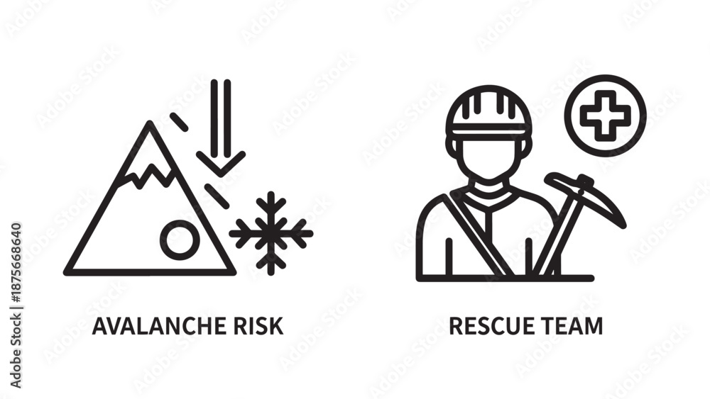 Fototapeta premium Mountain safety warning icons for avalanche risk and professional rescue team