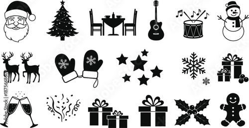 Black and white Christmas including Santa Claus, tree, gifts, snowman, reindeer, and festive symbols