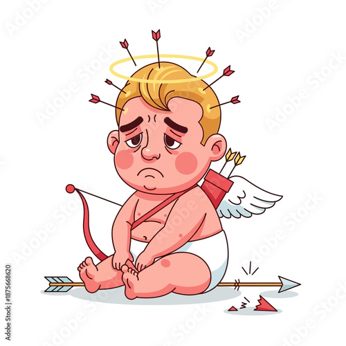 Sad Cupid Baby Sitting Down With Arrows Stuck In Head.