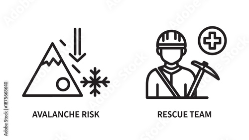 Mountain safety warning icons for avalanche risk and professional rescue team