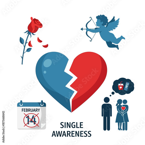 Single Awareness Day Broken Heart Cupid Rose Calendar.