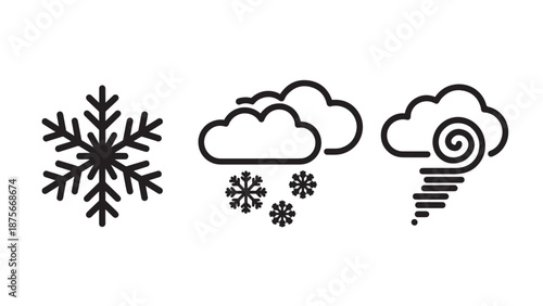 Winter meteorological icons for snowflakes, snowfall, and stormy wind conditions