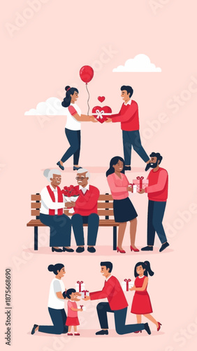 Three generations of families exchanging gifts and celebrating special moments together.