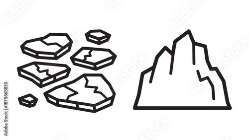 Set of Polar Environment Icons Depicting Floating Ice Fragments and a Large Glacial Iceberg