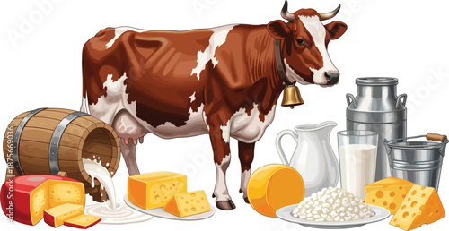 Dairy farm vector illustration showing cow with milk, cheese, cottage cheese, and traditional milk containers isolated