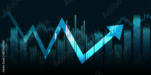 technology financial graph with uptrend line arrow and bar chart of stock market on blue color background