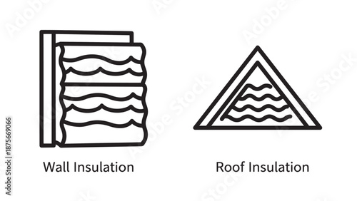 Home Energy Efficiency Icons Showing Wall and Roof Insulation Layers for Thermal Protection and Sustainable Building Design