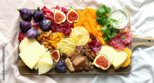 Colorful charcuterie board overflowing with figs, cheese, meats, and fruits