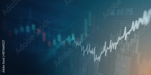 financial chart with uptrend line candlestick graph in stock market on blue color monitor background