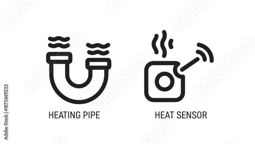 HVAC System Component Icons Featuring an Insulated Heating Pipe and a Wireless Heat Sensor for Smart Home Climate Control