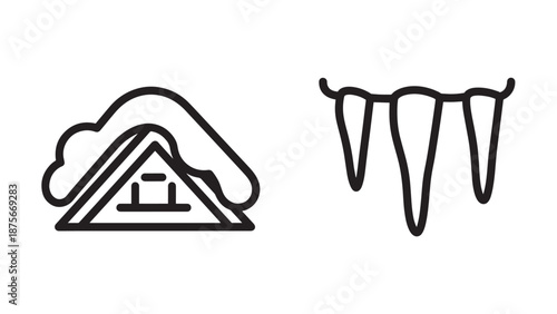 Winter Landscape Detail Icons Featuring a Traditional Hut Covered in Snow and a Row of Hanging Sharp Ice Icicles