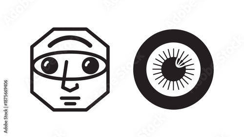 Abstract geometric human face icon and detailed eye graphic for identity and vision concepts in minimalist black and white.