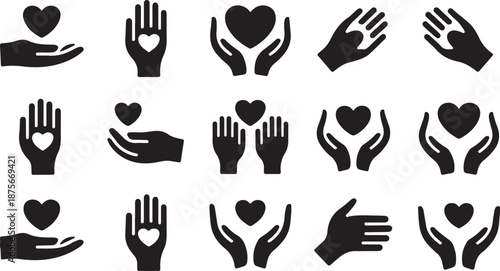 A collection of black silhouette icons depicting hands holding, cupping, and embracing heart symbols