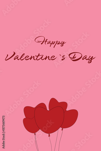 Happy Valentine’s Day Card with Red Heart Balloons on Pink Background
