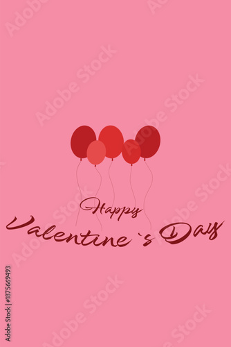 Happy Valentine’s Day Card with Red Heart Balloons on Pink Background