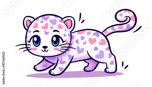 Adorable Kawaii Leopard Cub with Pink and Purple Heart Spots, Playful Cartoon Style Illustration