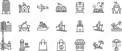 Black and white line of travel and tourism related and activities line black and white hotel
