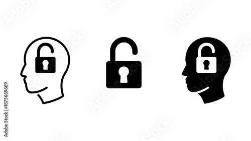 Open-mindedness and mental freedom concept icons featuring an unlocked padlock inside a human head