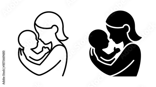 A minimalist icon representing a mother gently holding her baby, showcasing care and love.