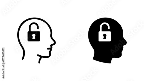 Unlocking the mind concept with open padlock icon on head silhouette