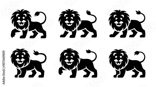 A set of six black lion silhouettes for logo design, icon creation, and graphic elements