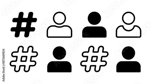 Hashtag and user profile icons set, digital symbols for social media interface design