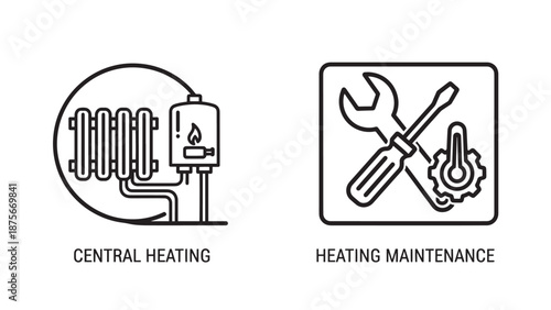 Home Heating Service Icons Illustrating Central Heating Systems and Professional Maintenance and Repair Tools