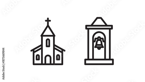 Religious Architecture Icons Featuring a Christian Church Building with Cross and a Classic Bell Tower