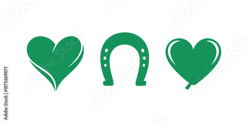 Three green icons including heart, horseshoe and balloon representing love, luck and celebration for st. patrick's day theme