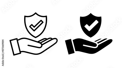 Hand giving verified protection and security guarantee icon in outline and solid style