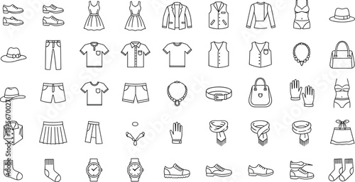 Black and white line of various clothing and accessories line black and white shoes dresses