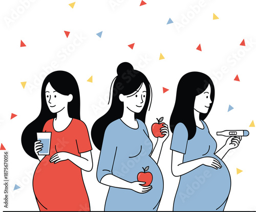 Pregnancy Health and Wellness Vector Illustration with Expecting Women Drinking Water, Eating Fruit, and Checking Temperature