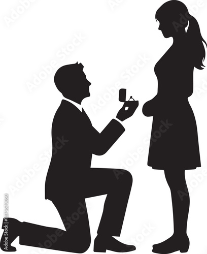 Silhouette of a man proposing marriage to a woman with a ring