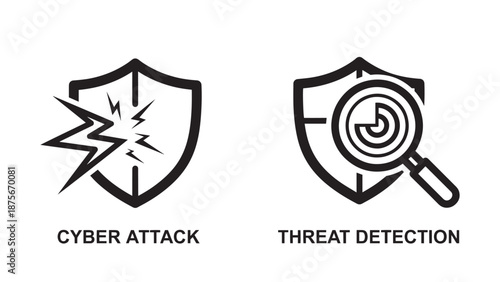 Cyber Security Icons Illustrating Malware Attack and Threat Detection with Shields and Magnifying Glass