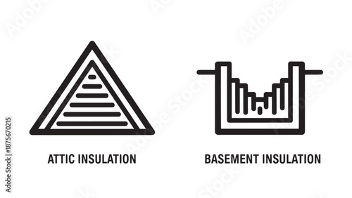 Home Improvement Icons for Attic and Basement Insulation Showing Energy Efficiency Layering Techniques