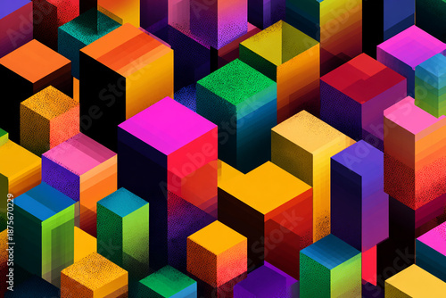 Abstract isometric pattern of colorful geometric blocks with a textured gradient effect