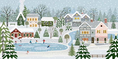 a snowy village scene with people ice skating on a frozen pond