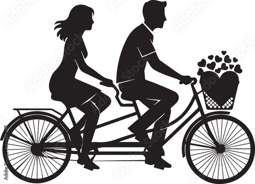 Silhouette of a couple riding a tandem bicycle with flowers