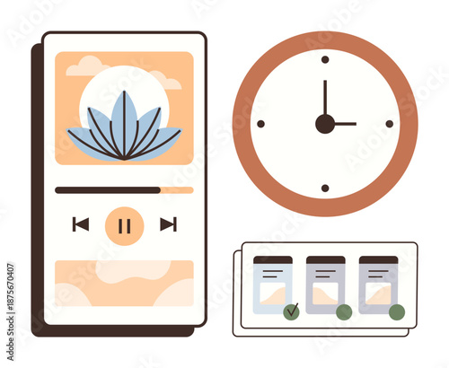 Productivity, mindfulness, focus, relaxation, task organization, time tracking. Clock, music app and task checklist in minimal flat design. Productivity and mindfulness concept