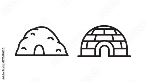 Arctic Snow Shelters Line Icons of a Traditional Brick Igloo and an Emergency Snow Cave