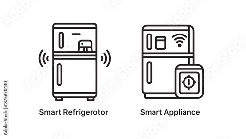 Smart Refrigerator and Connected Kitchen Appliance Line Icons for Smart Home Technology