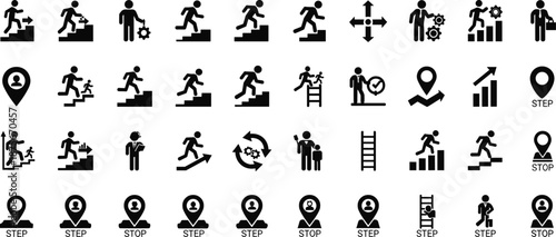 Black and white of people climbing stairs and steps with location markers