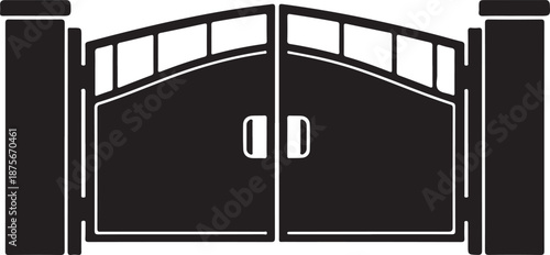 Black and white of closed gate with arch and pillars