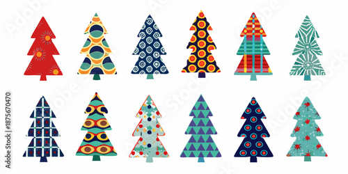collection of uniquely decorated christmas trees in various colors and patterns