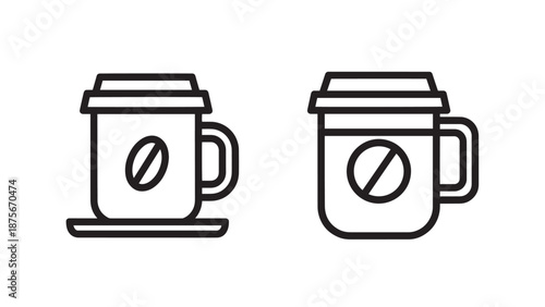 Disposable Coffee Cup and Mug with Coffee Bean Logo Line Icons for Cafe and Restaurant
