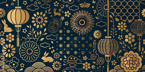 golden chinese lanterns and flowers on dark blue background
