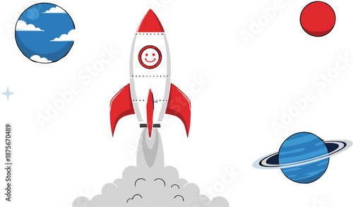 Rocket Launch Vector Illustration with Cute Spaceship, Smoke Trail, and Colorful Planets in Flat Cartoon Space Style