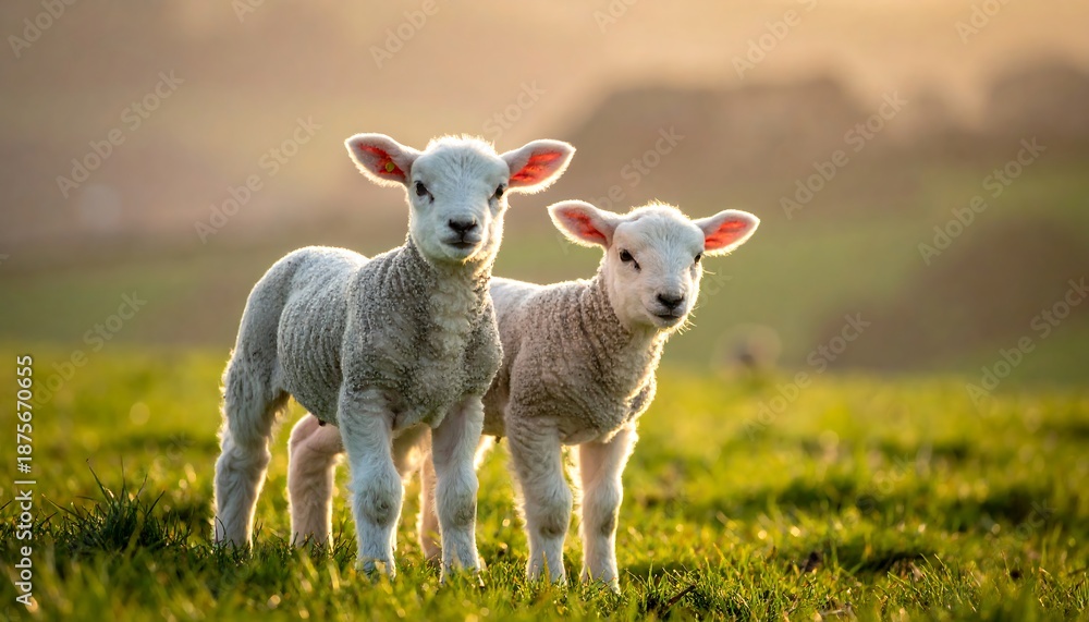 Fototapeta premium Two fluffy lambs stand together in a grassy field, illuminated by soft golden sunlight. The focus is on their cute faces