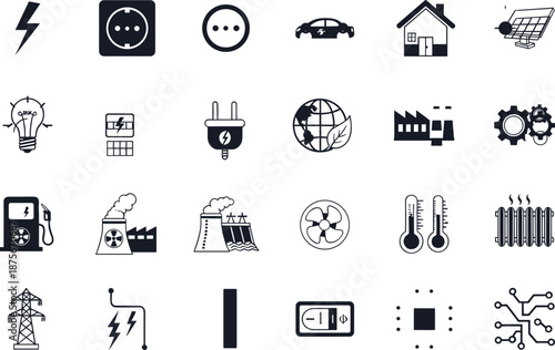 Black and white of various energy and technology related electricity renewable energy