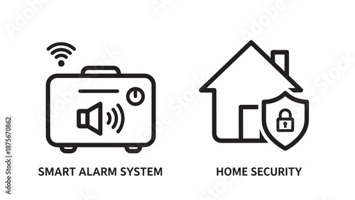 Smart Alarm System and Home Security Monitoring Outline Icons for House Protection